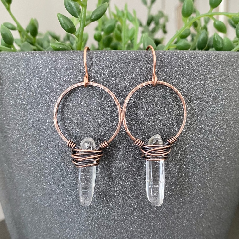 Handcrafted Clear Quartz Hammered Copper Dangle Hoop Earrings